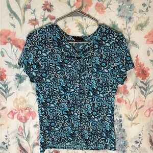 Vintage Black and Blue Fitted Blouse with Peter Pan Collar